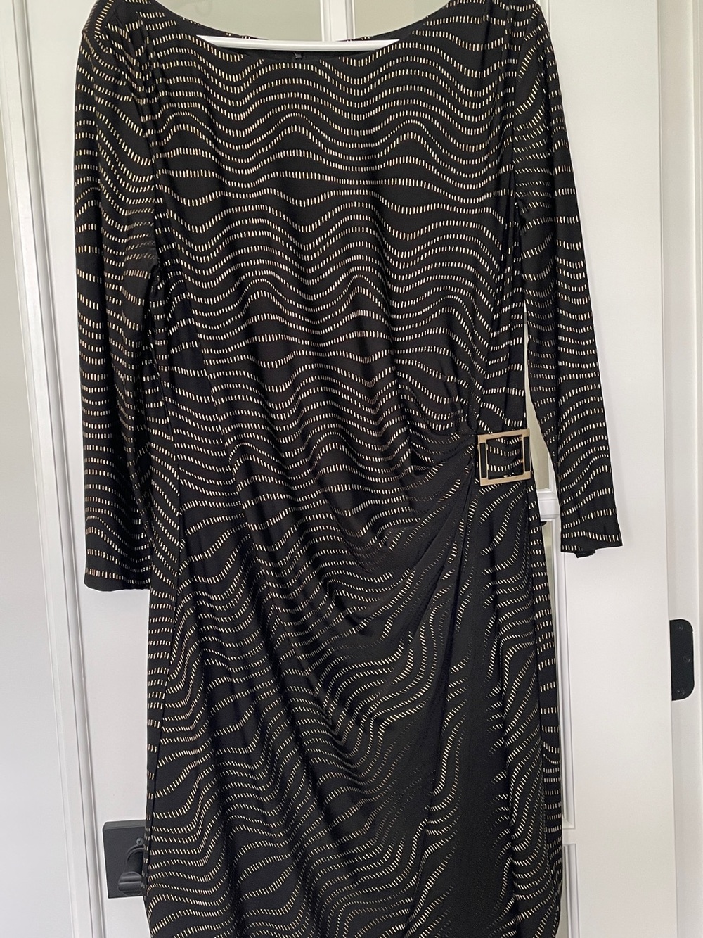 Tahari Black Dress with Gold Wave Print and Buckle Detail Size 14